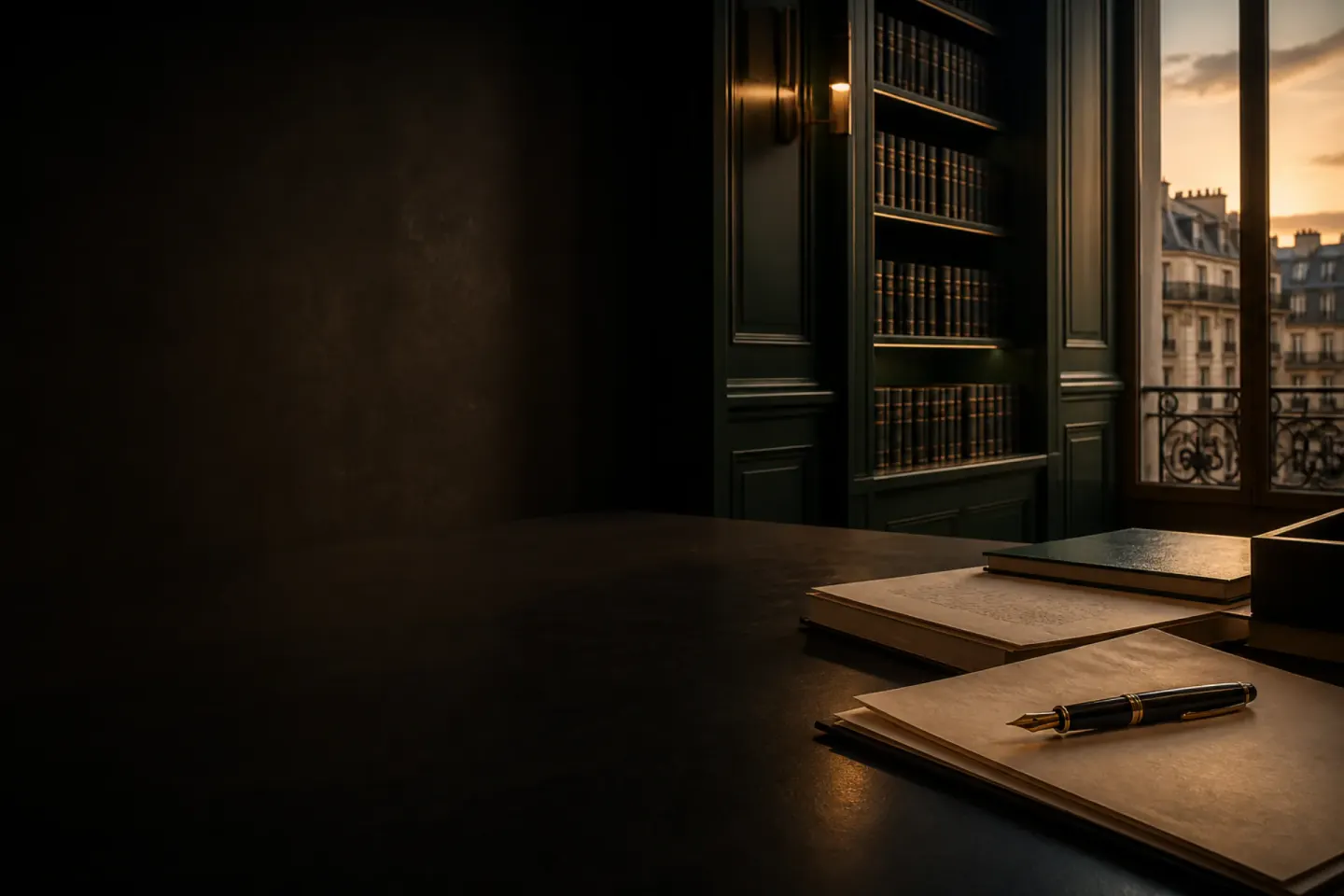 Tax library and work table in a Paris office at dusk