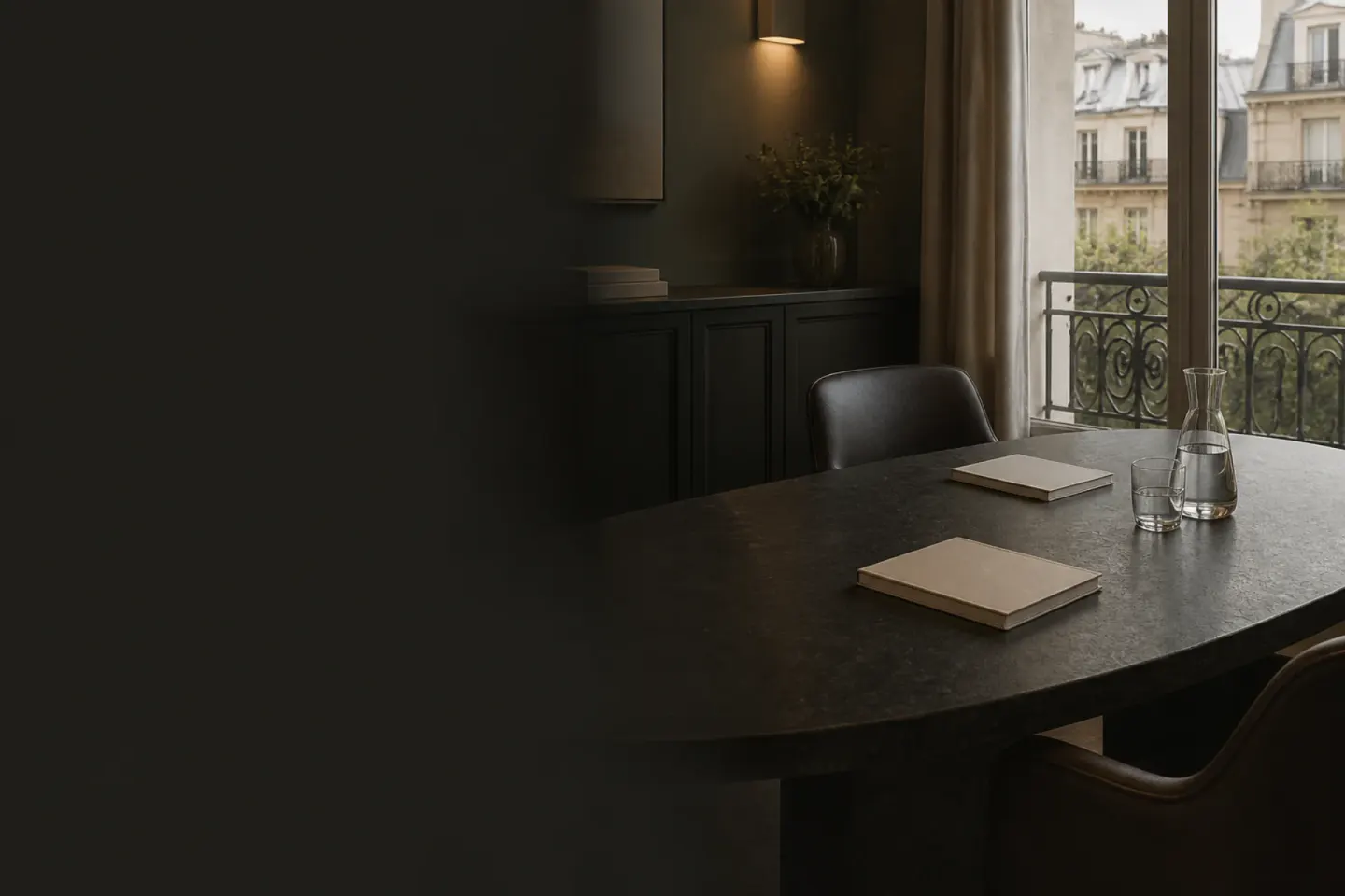 Private wealth consultation space prepared by a Paris window