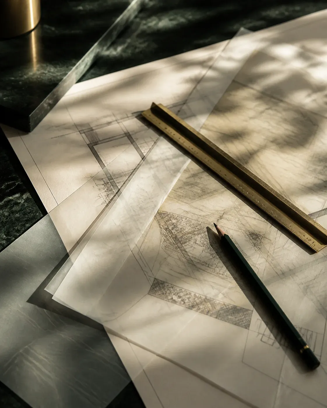 Plans architecturaux, règle et crayon disposés sur une table vert profond