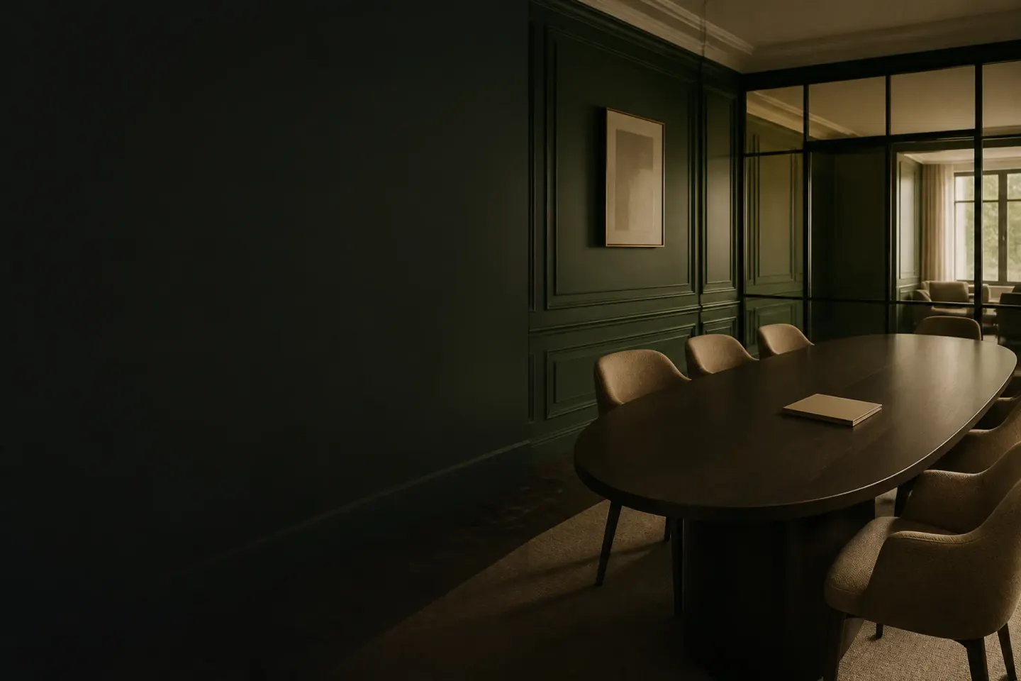 Confidential meeting room with deep green walls in a Paris law firm