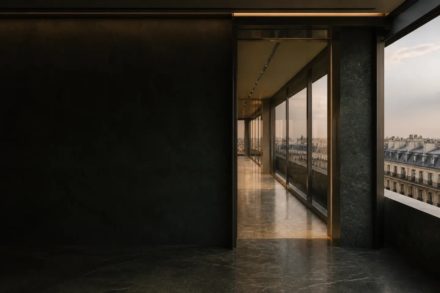 Contemporary glazed passage opening onto the Paris rooftops